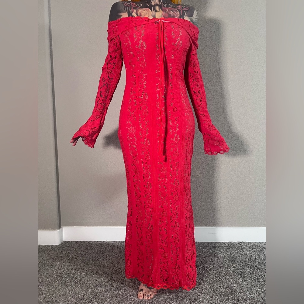 Red lace maxi dress